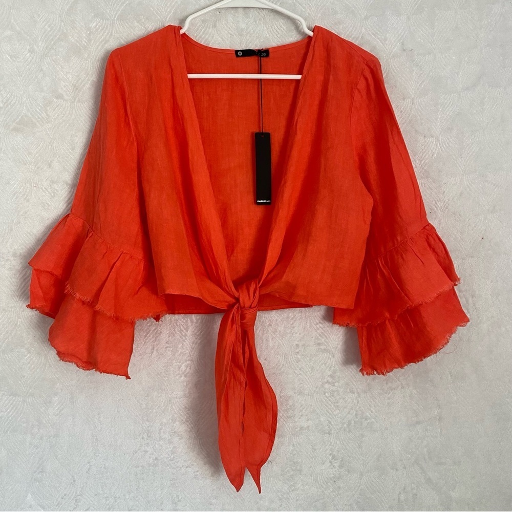 Revolve Krisa NWT Linen Cropped Top Tie Front Ruffle Sleeve Women’s Medium